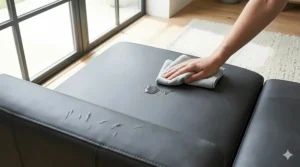 A person using a microfiber cloth to wipe a spill from a faux leather sofa, highlighting easy maintenance and synthetic surface durability.