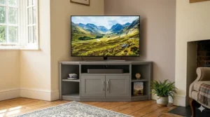 Space-saving grey corner TV stand for a 55 inch TV, ideal for smaller British lounges.