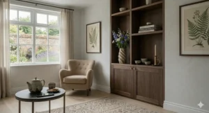 Innovative corner wall mounted TV unit design to maximise floor space in a classic Victorian terrace home.