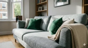 Close-up of a cosy grey herringbone fabric sofa styled with emerald green velvet cushions and a wool throw.