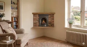 A cosy British lounge featuring a corner TV unit placed adjacent to a traditional fireplace.