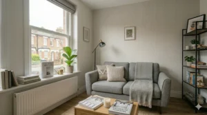 A plush green loveseat positioned against a narrow wall, ideal for compact Victorian terrace living rooms.