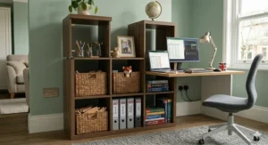 A functional home office setup in a UK flat featuring a dark wood cube storage unit for A4 binders and paperwork.