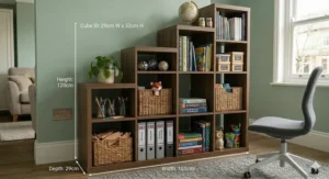 A high-detail shot of a dark walnut-finish cube storage unit with modular shelving and office supplies.