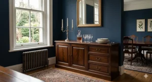 Traditional dark wood sideboard featuring decorative panelled doors and brass handles in a formal dining room with navy blue walls.