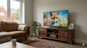 Traditional dark wood TV unit for a 55 inch TV with integrated cable management holes.