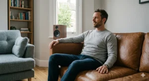 A man in a grey sweater relaxing on a durable tan leather sofa, highlighting the natural grain and comfort of the material.