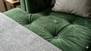 Close-up of durable, snag-proof green velvet fabric on a pet-friendly sofa designed to resist cat claws.