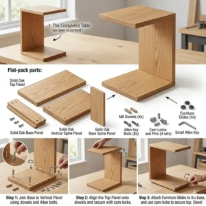 Step-by-step flat-pack assembly instructions for a C-shaped sofa side table showing the oak panels, bolts, and Allen key.