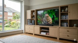 Wide wooden entertainment centre designed to hold a 65 inch television with integrated media shelving.