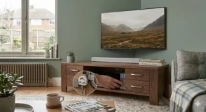 Diagram showing the ideal viewing height for a 65 inch TV stand to ensure ergonomic comfort in a living room.