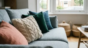 A variety of tactile cushions in wool, velvet, and linen arranged on a grey fabric sofa to show textile versatility.