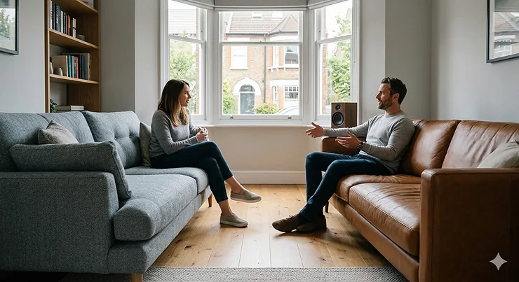 A side-by-side comparison of a grey fabric sofa and a tan leather sofa in a modern British living room with a bay window. fabric vs leather sofa