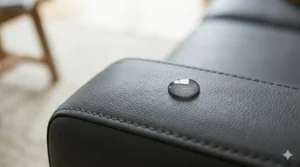 Close-up of a grey faux leather sofa armrest showing a perfectly round water droplet on a uniform, non-porous synthetic surface.
