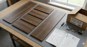 An illustration of flat-pack cube storage components, manual, and tools prepared for easy home assembly.