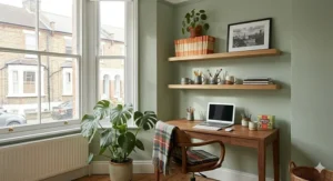 Minimalist oak floating shelves arranged above a wooden desk in a bright home office nook with a traditional radiator and bay window.