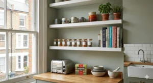 White floating shelves used for storing mugs and spice jars in a modern British shaker kitchen with an oak worktop and Victorian window view.