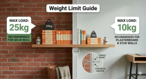An infographic illustrating the weight capacity for floating shelves on solid brick walls versus plasterboard and stud walls.