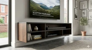 A wall-mounted floating TV stand for a 55 inch TV in a minimalist charcoal finish.