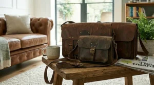 Detailed shot of vintage leather bags in a British home setting, showcasing the high-quality finish and durability of real leather.