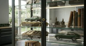 Dust-proof glass display cabinet showcasing curated antiques including a model Jaguar E-Type, first edition novels, and vintage collectables.