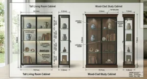 Technical drawing showing the height, width, and shelf depth dimensions for both modern and traditional style glass display cabinets.