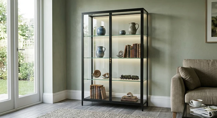 Elegant tall glass display cabinet with a dark frame and internal lighting, styled with books and ceramics in a classic British study with oak wood panelling. glass display cabinet