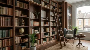 Grand floor-to-ceiling dark wood library bookcase with a rolling ladder and classic hardback books.