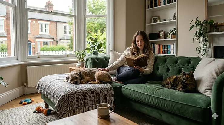 A dog and cat lounging on a green, scratch-resistant pet-friendly sofa in a sunlit British living room pet friendly sofa.