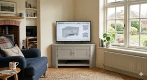Modern dove grey corner TV unit featuring brushed chrome handles and cupboard storage for media players.