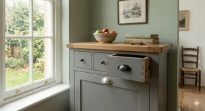 Classic country-style grey painted sideboard with a natural oak top and silver cup handles, featuring a half-open drawer.