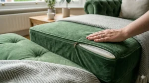A hand feeling the soft yet hard-wearing texture of a pet-friendly sofa fabric in a bright lounge.