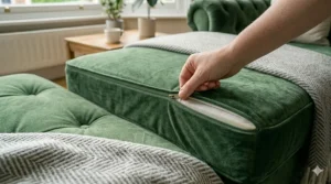 Close-up of the durable zip and stitching on a premium pet-friendly sofa designed for longevity.