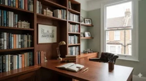 Integrated mahogany bookcase and study desk set up in a professional UK home office.