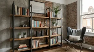 Industrial style metal frame bookcase with reclaimed wood shelves against a grey brick wall.