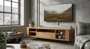 Urban industrial style TV stand for a 65 inch TV combining light wood and metal elements in a loft-style interior