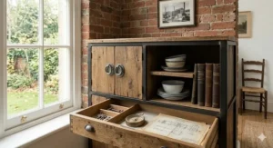 Industrial-style sideboard made from reclaimed timber and black metal framing, positioned against a rustic red brick wall.
