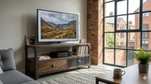Industrial-style metal and reclaimed wood TV stand for 55 inch TV models.