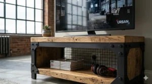 Urban industrial style TV unit crafted from reclaimed wood and black powder-coated metal framing.