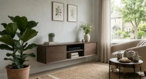 Industrial style reclaimed wood and metal wall mounted TV shelf with open storage and rustic finish.