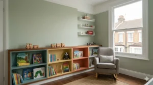 A low-level colourful bookcase for a child's bedroom featuring forward-facing picture books.