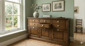 A large six-drawer oak sideboard unit providing substantial storage space in a spacious kitchen-diner.