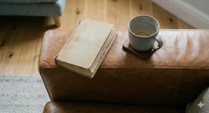 A high-detail close-up of a leather sofa armrest with a vintage book and a mug, showing the natural patina and texture.