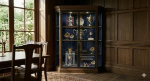 Illuminated corner glass display cabinet used as a trophy case to showcase silver cups, medals, and prestigious British sporting awards.