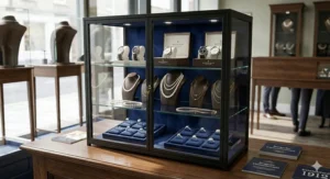 Secure lockable glass display cabinet for jewellery with a royal blue velvet interior and internal spotlights, ideal for a high-end UK retail setting.