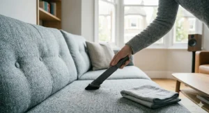Close-up of a fabric settee being cleaned with a crevice tool to remove dust and debris from the upholstery.