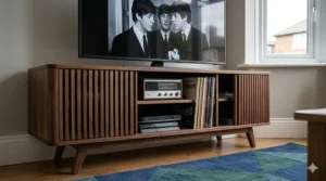 Dark wood mid-century modern TV stand featuring signature tapered legs and sliding slatted doors.