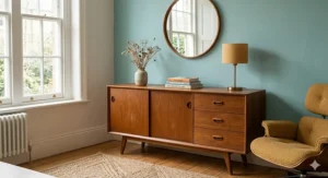 Mid-century teak sideboard with sliding doors and iconic tapered legs, styled with a vintage ceramic vase and books.