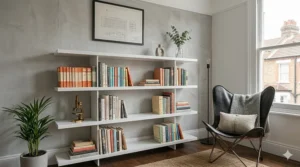 Minimalist white floating wall shelves arranged as a contemporary bookcase in a modern flat.