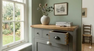 Minimalist handleless sideboard in a matte neutral finish, styled with simple greenery and modern art for a Scandi-inspired look.